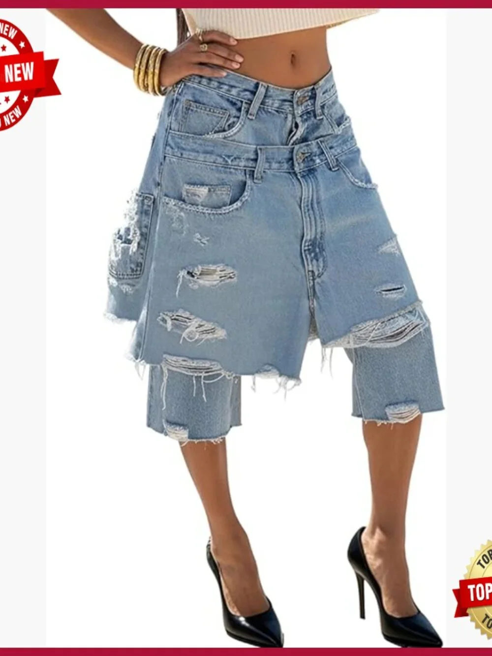 High Waisted Baggy Wide Leg Ripped Patchwork Bermuda Denim Shorts Cargo Y2k